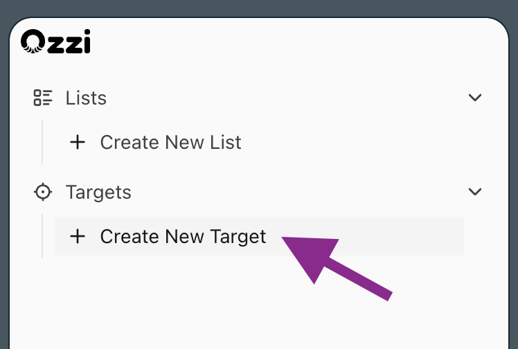 Create New Target button in Ozzi.ai