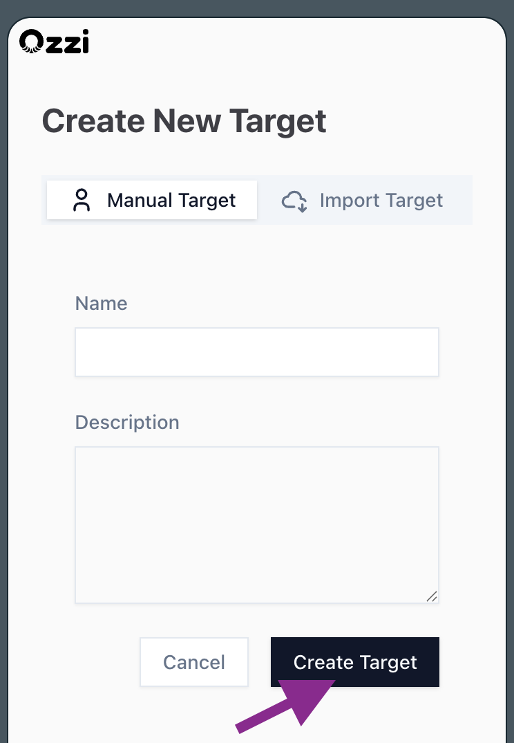 Create New Target form in Ozzi.ai
