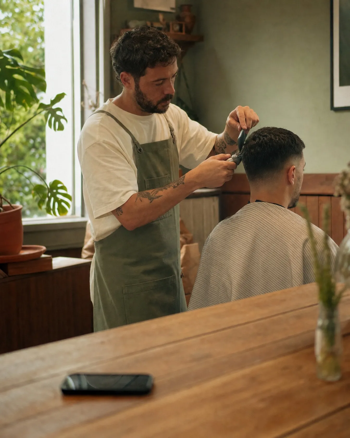 A barber trimming a client's hair in a sunlit neighborhood barbershop
