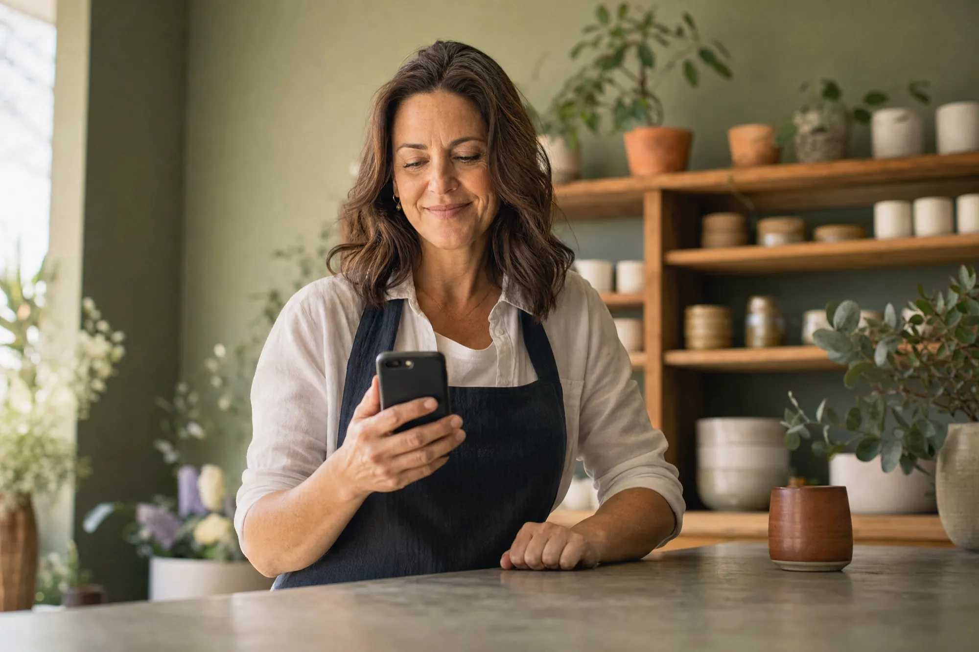 A studio owner checking bookings on her phone behind the front counter